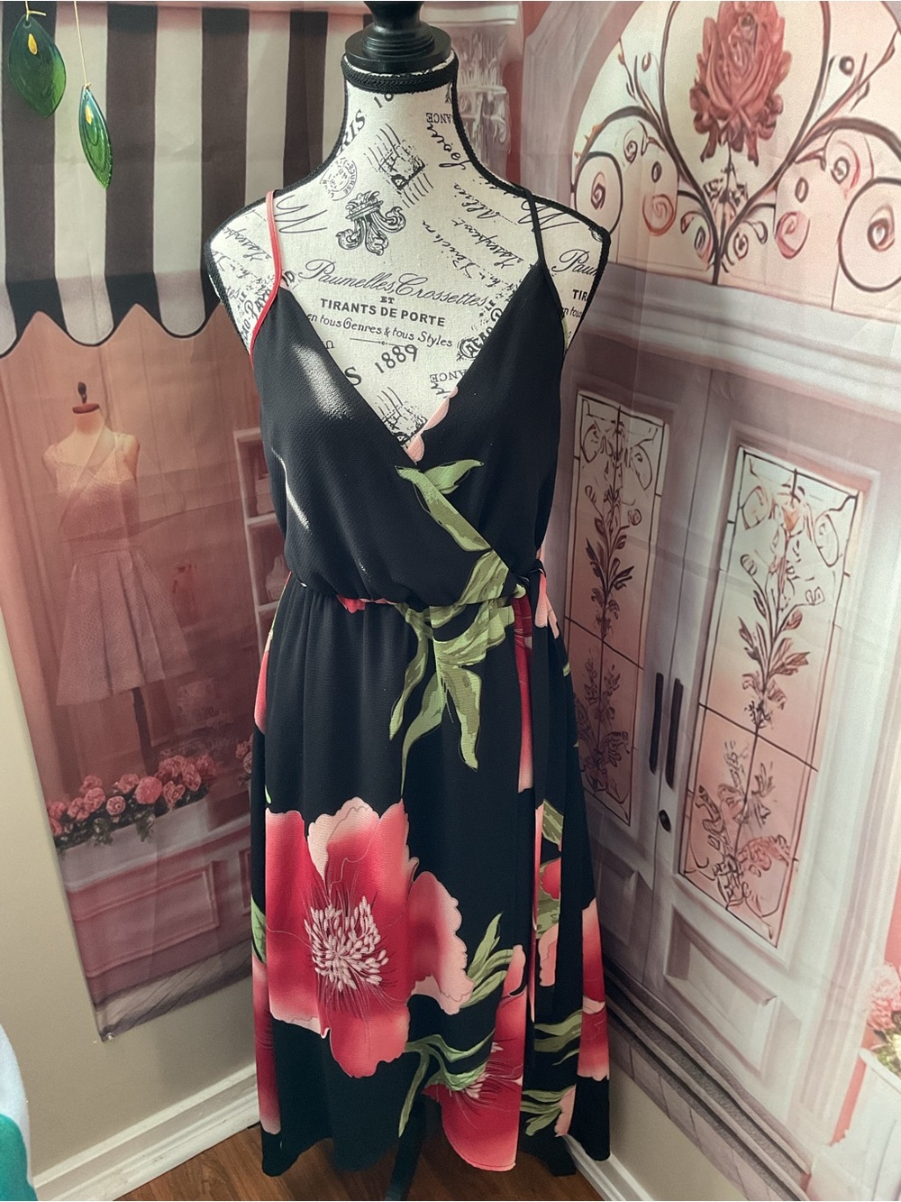 Eclipse Black Midi Wrap Dress with Pink Floral Print
